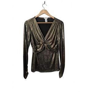 Cache Ladies Metallic Gold Faux Wrap Blouse Shimmering Drapey Fabric Long Sle